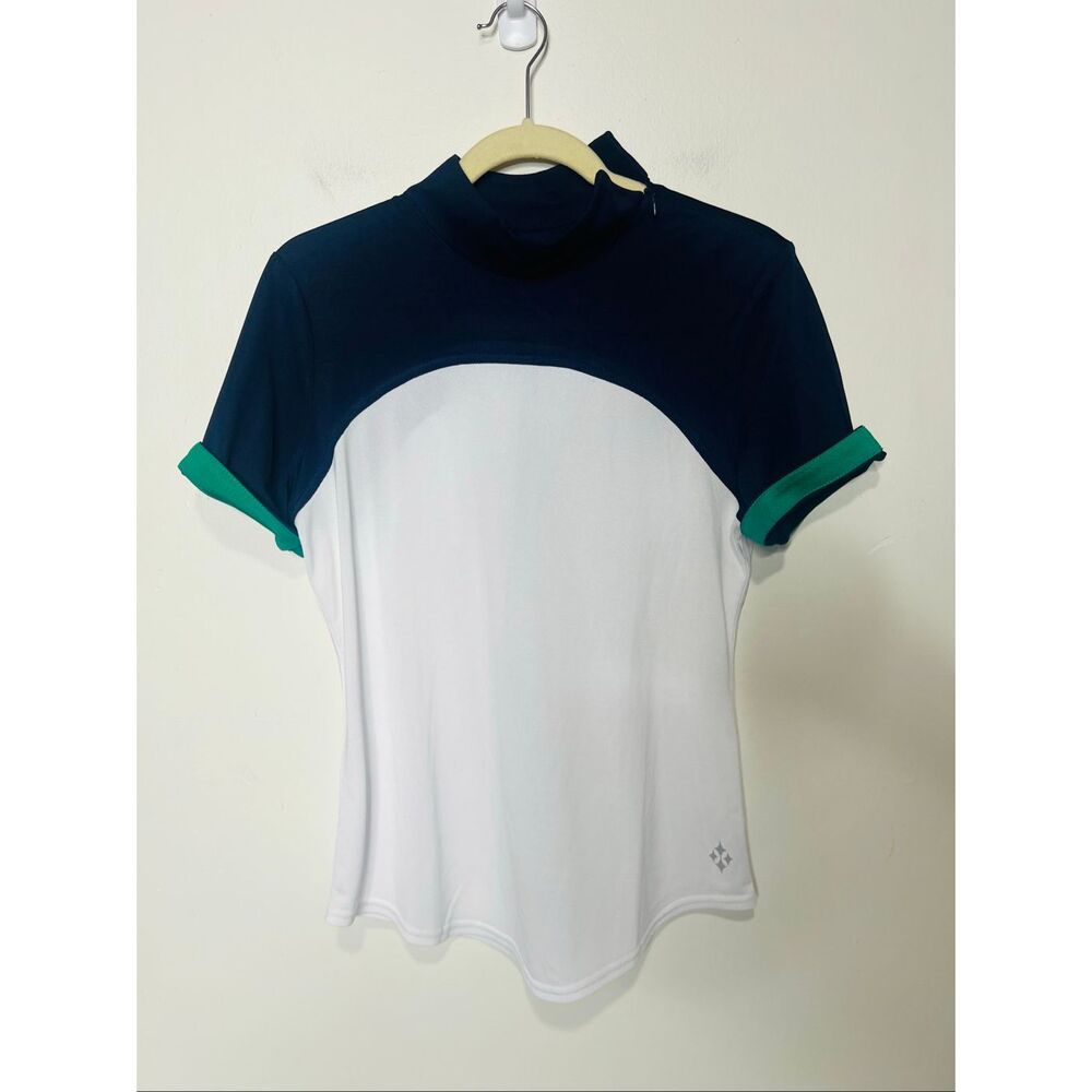 JoFit Blue White Green Trim Short Sleeve Golf Shirt Mock Neck Sz M